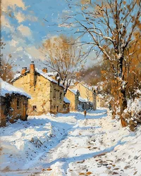 Antico villaggio in inverno e neve, decorazione murale per soggiorno