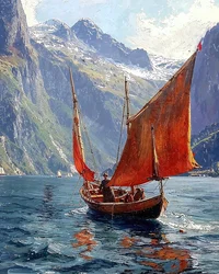 Una barca a vela in una valle tra le montagne, decorazione da parete con cornice