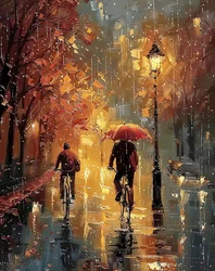 Ciclisti che pedalano in mezzo a una strada sotto la pioggia, Decorazione murale per la stanza