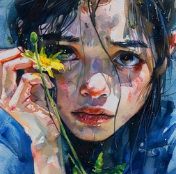 Una ragazza accarezza un fiore giallo, ritratto ravvicinato, stampa su tela online