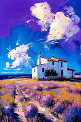 Paesaggio di una casa di campagna, campo di lavanda, cielo blu e nuvole bianche