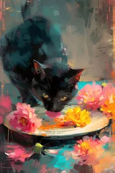 Gatto nero che mangia da un piatto di fiori, dipinto impressionista, stampe d