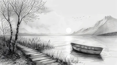 Barca in mezzo a un fiume, disegnata con linee nere, stampe su tela personalizzate online
