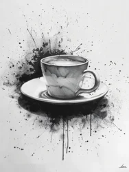 Scena noir minimalista a linea singola con macchie di caffè in evidenza, stampe d