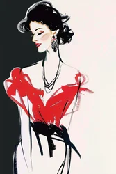 Moda parigina, abito rosso e nero, stile René Gruau, dama francese in posa con trucco