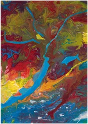 Astratto: tecnica del pour con colori acrilici in rosso, blu e giallo