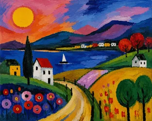 Magia dei colori sul lago. Un paesaggio da sogno nella luce del tramonto