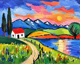 Sentiero del sole sul lago di montagna