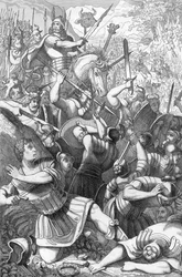 Il capo cherusco Arminio (18 a.C.-21 d.C.) alla battaglia di Teutoburgo (Teutoburger Wald o Teutberg), in cui nel 9 d.C. i Romani si opposero ai Germani (I Cherusci sotto Arminio (Ermanno) sconfiggono la 17ª-19ª legione romana sotto Varo nella foresta di