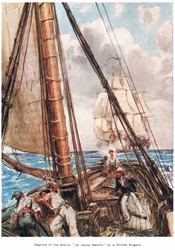 Cattura della schiavista "La Jeune Estelle" da parte di una fregata britannica, illustrazione tratta da "The Land of the Golden Trade", pubblicato da Jack nel 1921 (litografia a colori)