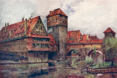 Il Henkersteg, con il Wasserturm, Norimberga, Germania, c. 1905