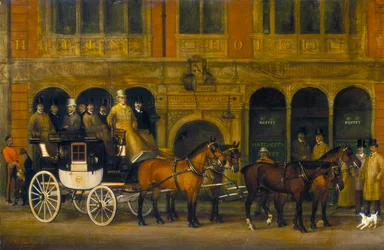 La carrozza di Brighton di James Selby fuori dal New White Horse Cellar, Piccadilly, c1888
