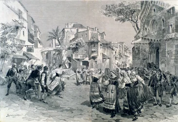 La scena finale di Cavalleria rusticana, opera di Mascagni, al teatro alla Scala nel 1891