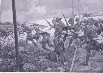 Carica dei fucilieri scozzesi a Frederikstad, illustrazione da After Pretoria: The Guerilla War, 1902