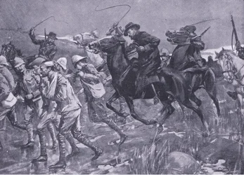 Il trattamento dei prigionieri di guerra britannici da parte di De Wet durante la marcia, illustrazione da After Pretoria: The Guerilla War, 1902