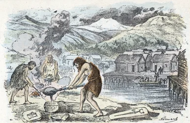 Preistoria, età del bronzo: officina di fonderia presso un insediamento di palafitte. Incisione da «La nature et l