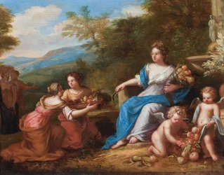 Cerere seduta con putti che presentano frutti. (olio su tela)
