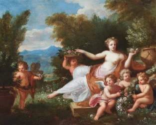 Flora sdraiata in un paesaggio con putti che portano fiori. (olio su tela)