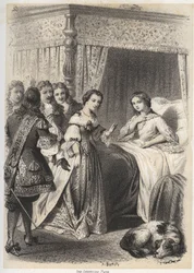 Madame Deshoulières, Antoinette Ligier de La Garde (1637-1694) sopraffatta dalle domande del suo entourage dopo una notte passata con la paura del fantasma. Incisione di A. Duruy in 