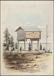 Disegni che raffigurano il luogo di sepoltura di "Cadunce" un "Medicine Man" Chippewa, un dipinto di sabbia Navajo e dipinti su pietra Crow