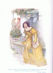 Beatrice, che aveva ascoltato con interesse senza fiato, esclamò "Che fuoco è nelle mie orecchie, può essere vero?" (Molto rumore per nulla), da Tales from Shakespeare pubblicato da Ward Lock & Co Ltd