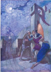 "Scoppiando da loro, Amleto seguì ovunque lo spirito lo guidasse", da Tales from Shakespeare pub. da Ward Lock & Co Ltd, 1930-40