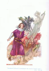 Ferdinando seguì stupito il suono della voce di Ariel (La Tempesta), da Racconti da Shakespeare pub. da Ward Lock & Co Ltd