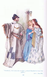 Federico con sguardo di rabbia ordinò a Rosalinda di lasciare il palazzo (Come vi piace), da Tales from Shakespeare pub. da Ward Lock & Co Ltd