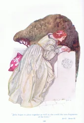 Giulia iniziò a ricomporre come poteva i frammenti strappati della lettera (I Due Gentiluomini di Verona), da Racconti da Shakespeare pub. da Ward Lock & Co Ltd
