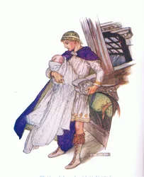 Pericle prese in braccio il neonato (Pericle, principe di Tiro), da Tales from Shakespeare pub. da Ward Lock & Co Ltd