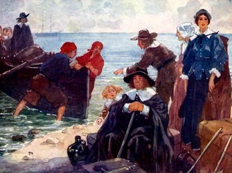 Un gruppo di esuli ormeggiò la propria barca sulla selvaggia costa del New England, 1620, 1905.