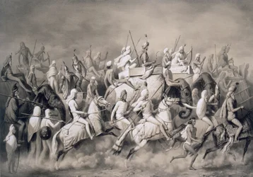 Chir Singh, Maharajah dei Sikh e re del Punjab con il suo seguito a caccia vicino a Lahore