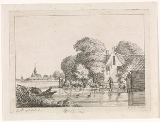 Pescatore e una donna davanti a una casa