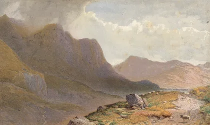 Scena tra Capel Currg e Llyn Ogwen, alla testa di Nant Frangon, Galles del Nord (cromolitografia)