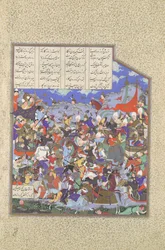 La battaglia di Pashan inizia, Folio 243v dal Shahnama Libro dei Re