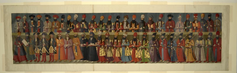Copia del Grande Murale nel Palazzo Nigaristan. La Corte di Fath Ali Shah con gli inviati britannici Sir John Malcolm, Sir Harford Jones Brydges e Sir Gore Ouseley