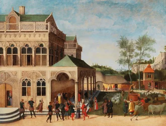 Una loggia elegante con la proposta di Isacco a Rebecca, 1616