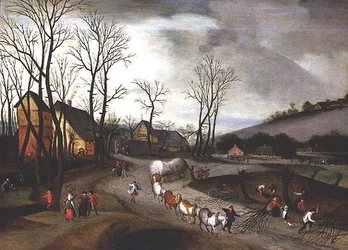 Paesaggio invernale con contadini che potano