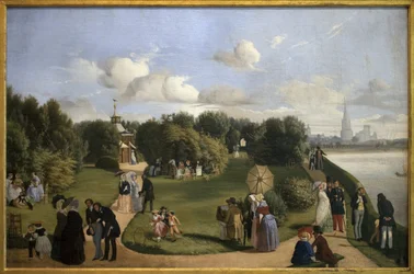Veduta della Rochelle (giardino del bagno Maria Teresa). Personaggi della borghesia in un parco: coppia che chiacchiera su una panchina, uomini che salutano le signore, bambino che gioca con un cerchio... Dipinto di Alexandre Abel de Pujol (1785-1861), oli