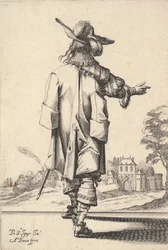 Un gentiluomo, visto da dietro, con il braccio destro teso e un mantello sulla spalla sinistra, 1629