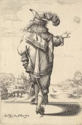 Un gentiluomo con cappello piumato e spada, visto da dietro, con il braccio destro...