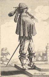 Un gentiluomo che indossa un cappotto corto, un elmo e stivali con speroni, in piedi sui gradini e..., 1629