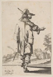 Gentiluomo visto di spalle che indica verso un castello, 1629
