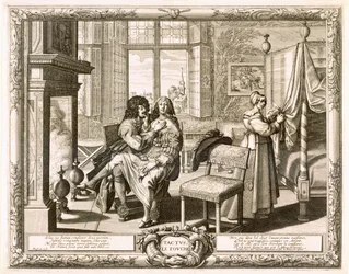 Marito con moglie seduta sulle ginocchia accanto al camino, Bosse, Abraham (1602-76)