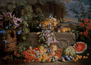 Natura morta con ciliegie, anguria, pesche, albicocche, prugne, melograni e figure