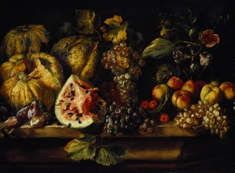 Natura morta di anguria, uva, prugne, pesche, ciliegie e altra frutta su un ripiano