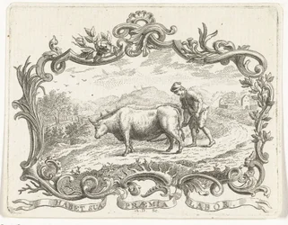 Contadino che ara un campo con due buoi, in cartouche