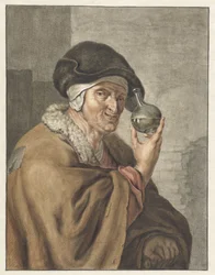 Vecchia donna con un bicchiere di urina