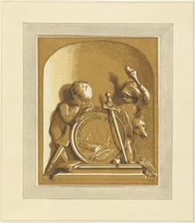 Putti accanto a medaglione con tomba, in nicchia