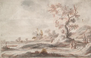 Paesaggio con vecchio albero e figure